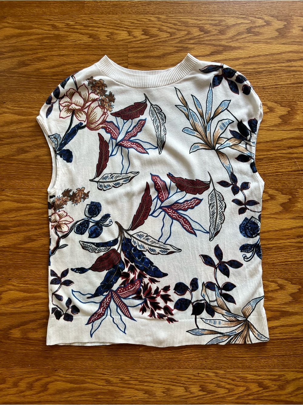 Talbots White Sleeveless Floral-Print Knit Top with Navy & Brown Accents